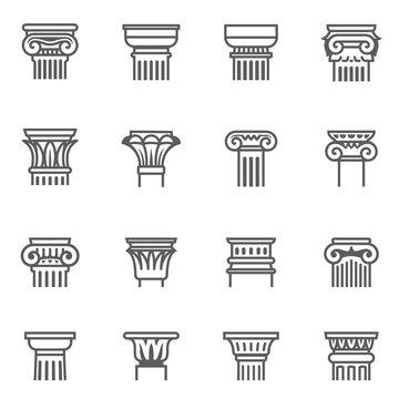 Antique columns, pillars outline icons set isolated on white. Classic plinth, socle, museum pedestal.