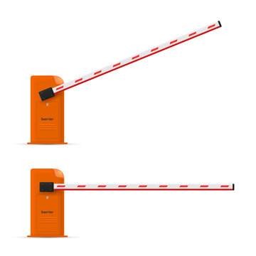 Boom gate or car barrier with rased and lowered bars realistic set. Pole blocking access.