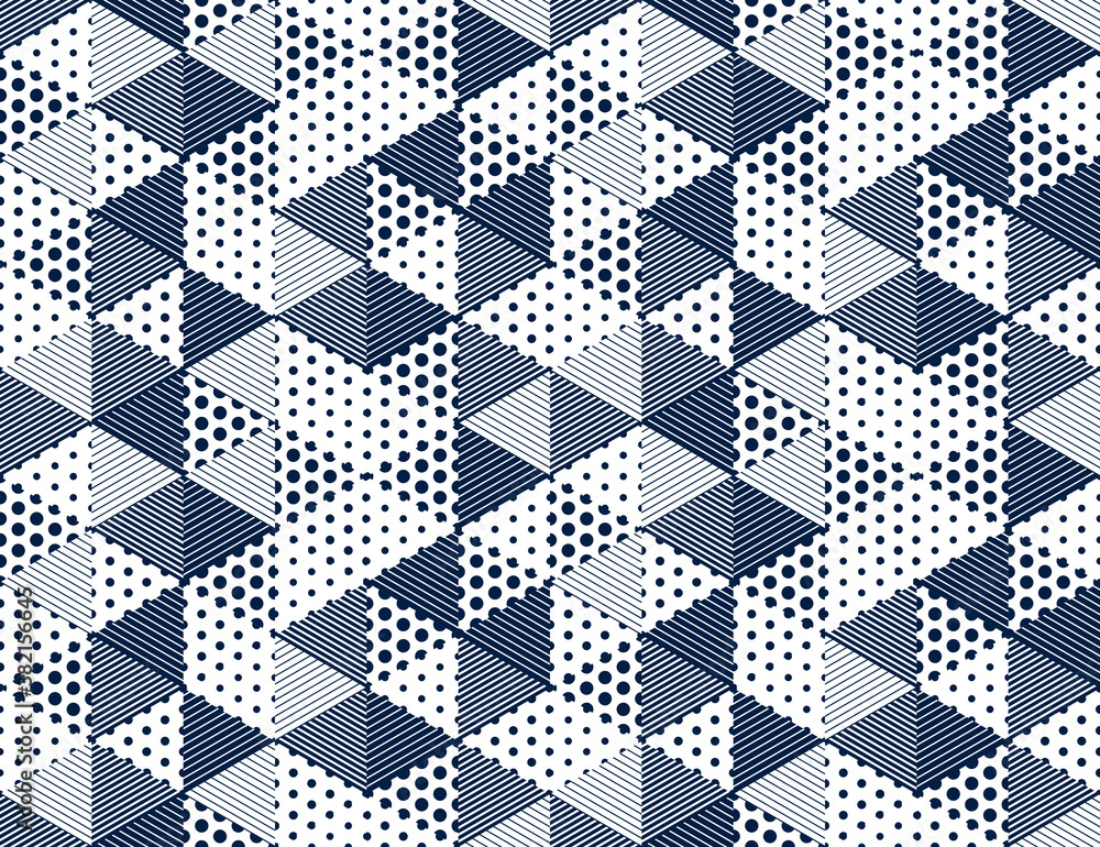 Poster 3d dotted cubes seamless pattern vector background, dots and lines triangles dimensional blocks, arc