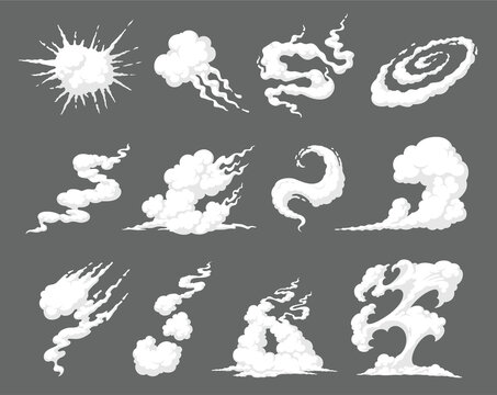 Smoke clouds, waves, fume explosion cartoon effects set. Dusty bubble, puff, cumulus.