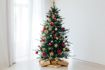 Christmas tree pine with gifts for the new year interior postcard banner