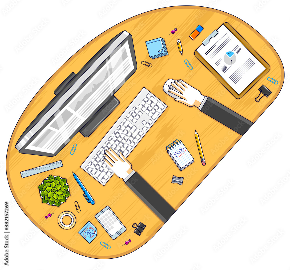 Poster office desk workspace top view with hands of office employee or entrepreneur, pc computer and divers