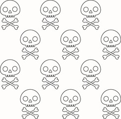 Seamless pattern with human skull and bones on white backgound. Cute vector halloween ornament in flat style. Stock illustration for wrapping paper, textile, background, wallpaper, scrapbooking.