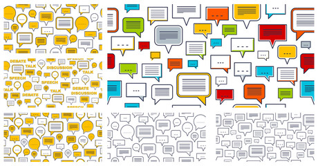 Speech bubbles seamless vector background set, endless pattern with dialog signs, talk and discussion theme, social media communication.
