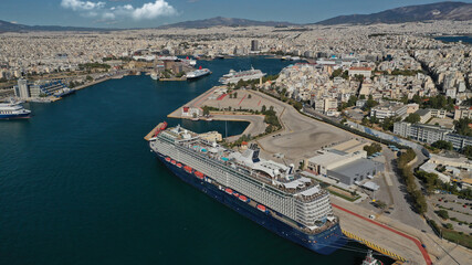 Aerial drone photo of busy port of Piraeus one of the largest in Mediterranean sea, Attica, Greece