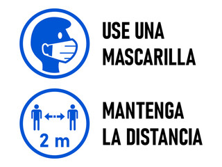 Set of Round Sticker Icons for Coronavirus Measures in Spanish including 