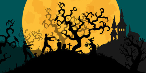 244Halloween banner In Spooky Night with zombie and witch - Happy Halloween vector. halloween pattern easy to color adjustment