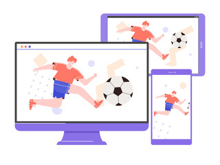 Online broadcast of soccer. Watching sports on different devices computer, tablet, smartphone. Male player on device screens. Vector flat illustration.