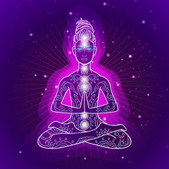 Yoga man with dreadlock. Ornament beautiful esoteric Concept of meditation. Geometric element hand drawn. Vector illustration