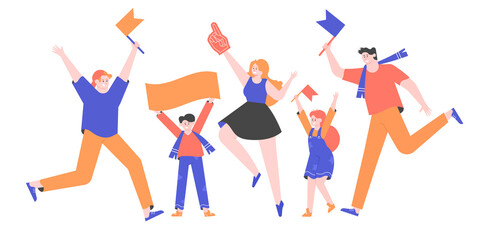 Group of people sports fans. Men, woman and children with flags and big red fan glove. Spectators jump and enjoy game. Vector flat illustration.