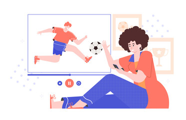 Girl, fan of sports, watches football from a smartphone. Online broadcast of the championship. Spectator is rooting for her favorite team.Vector flat illustration.