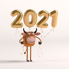 3d illustration 2021 year of the bull. Cute cartoon bull with balloons 2021 numbers. Zodiac symbol of 2021.