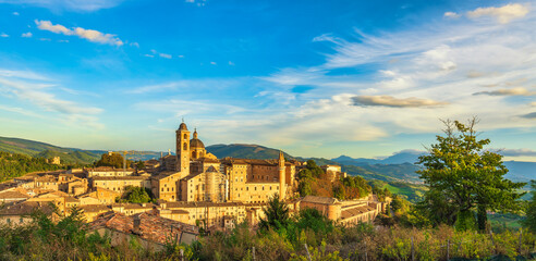 Urbino city skyline and Ducal Palace. Marche region, Italy.