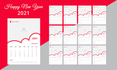 Wall Month Calendar 2021 Design.Set vector, illustration & all year calendar.