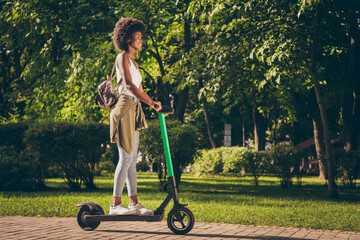 Full length body size profile side view of her she nice attractive slim fit skinny cheerful girl riding kick scooter spending happy vacation sunny day eco green tourism outdoor © deagreez