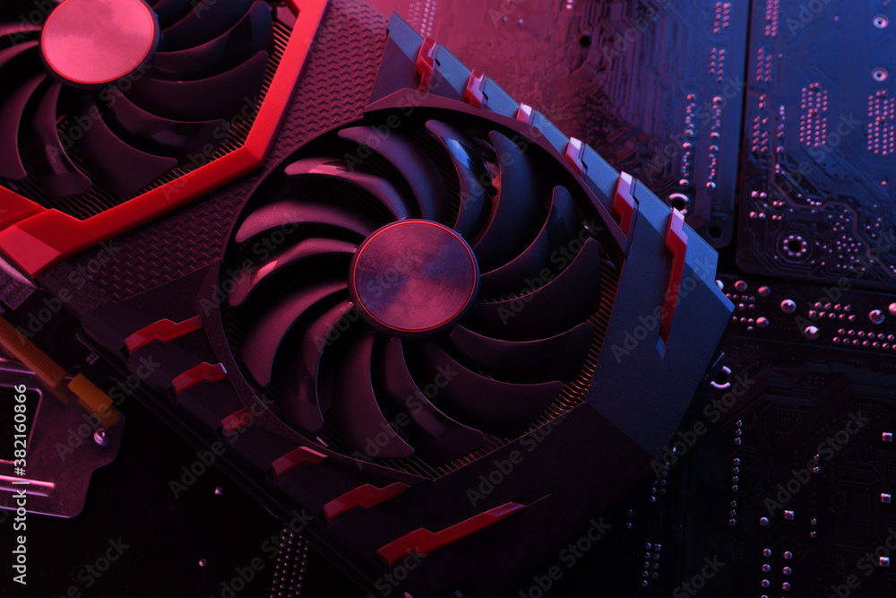 Aufkleber computer game graphics card, videocard with two coolers on circuit board ,motherboard background. cl