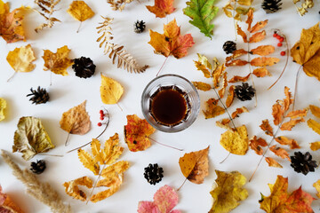 Black coffee in glass among autumn leaves and cones on white table. Layout, top view