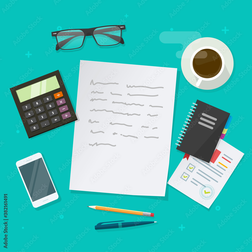 Poster writing text content vector on education working desk table above, creating essay document, journali