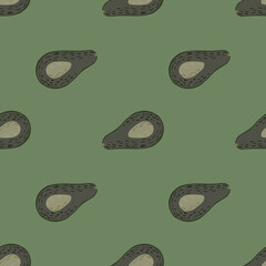 Seamless avocado doodle pattern in pale and dark tones. Minimalistic fruit organic backdrop in green colors.