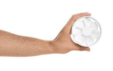 Man with portable fan on white background, closeup. Summer heat