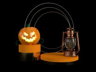 3d illustration. Halloween pumpkin, kerosene lamp with black and orange podium