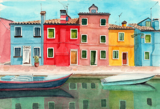 Fototapeta Watercolor illustration of Burano quarter in Venice with colored houses reflected in the water of the canal and some boats