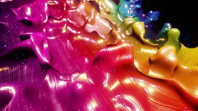 Smooth abstract animation of liquid gradient rainbow color in 4k. Bright glossy paint surface as abstract looped festive background. Glitters on viscous liquid with 3d splashes on surface like drops.