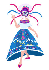 Dancing Calavera Catrina - vector full body portrait. Character for Dia de Los Muertos poster, greeting card, banner, invitation. Day of The Dead - girl skeleton wearing in folk mexican style
