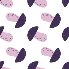 Isolated minimalistic seamless forest pattern with purple mushroom shapes. White background. Nature print.