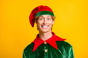 Close-up portrait of his he nice attractive cheerful cheery funny guy elf wearing festal clothes...