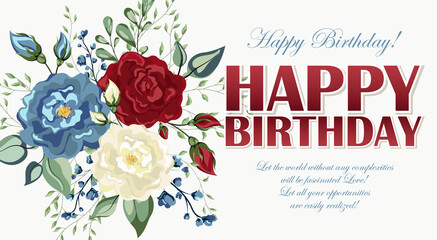 Happy Birthday greeting card with flowers. Hand drawn vintage collage flower. Birthday card design with congratulatory text. Vector illustration EPS10