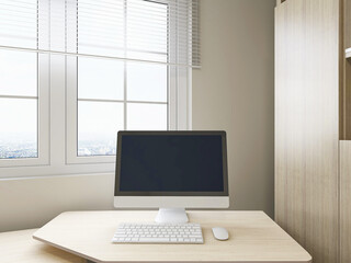 Fototapeta premium The simple design of study in modern family, the study is used for study, office and so on. There are desk, computer, bookshelf and piano in it