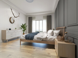 Naklejka na ściany i meble Fresh and simple family bedroom design, solid wood elements with green plants