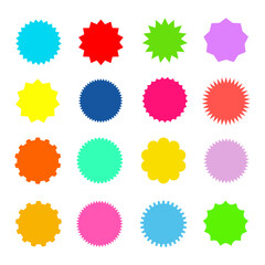 Set of colorful starburst stamps on white background.