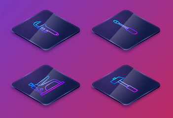 Set Isometric line Calliper or caliper and scale, Construction stapler, Screwdriver and Hammer. Blue square button. Vector.
