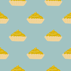 Basket with cream silhouettes seamless doodle pattern. Tasty ocher cake ornament on blue background. Food artwork.