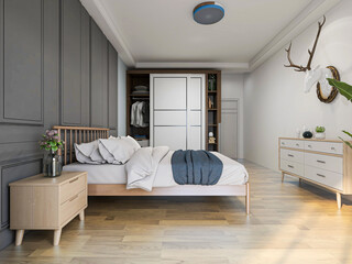 The clean and tidy bedroom has a bed and cupboard