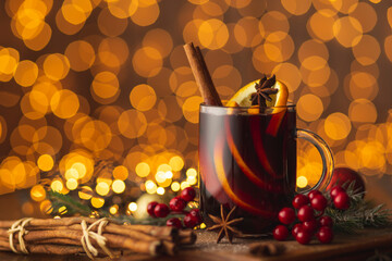 Red mulled wine with orange slices and spices