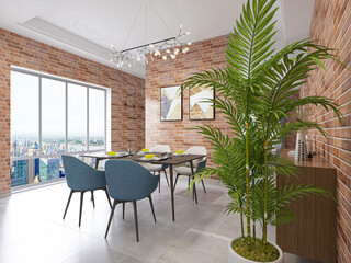 Clean and tidy dining room has wooden table and chair, very neat and clean