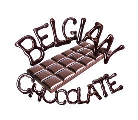 Inscription Belgian Chocolate with bar of dark chocolate on a white background