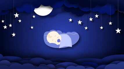 2d animation of a baby boy sleeping in blue colors. Moon, clouds and stars in the dark sky