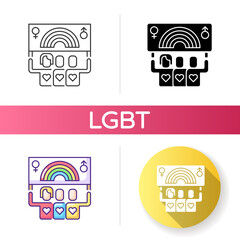 Pride parade icon. Bisexual life. People holding banner with rainbow flag. Lesbian ideas. Pride sign. Gay society. Linear black and RGB color styles. Isolated vector illustrations