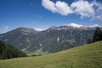 Fototapeta na wymiar Eine Alm in den Alpen in Österreich, im Hintergrund die Berge