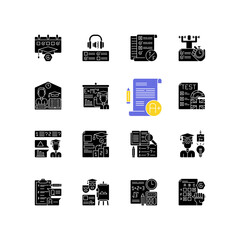Examination tests black glyph icons set on white space. Exam paper with answers. Studying. Education services. Questioning for student. Silhouette symbols. Vector isolated illustration