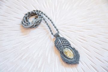 Macrame technique waxed string necklace with gemstone