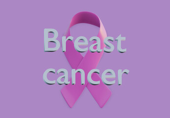 Breast cancer awareness, pink ribbon symbol on pink background, 3d render