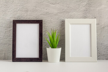 Two empty photo frames on a table or shelf with a copy of the space