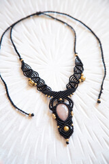 Macrame technique waxed string necklace with gemstone rose quartz