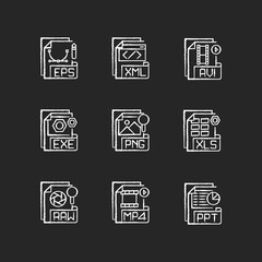 File formats chalk white icons set on black background. Different types. Vector image, spreadsheet, video, executable, data files. Graphic software. Isolated vector chalkboard illustrations