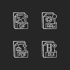 File types chalk white icons set on black background. GIF. RAW. PDF. AVI. Video, raster image, page layout files. Filename extensions. Lossless format. Isolated vector chalkboard illustrations